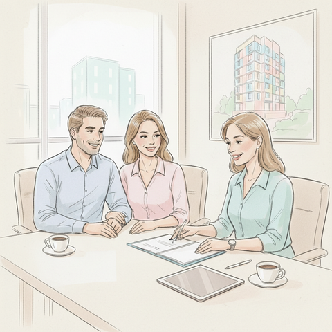Счастливая пара консультируется с менеджером банка по вопросу открытия эскроу-счета для безопасной покупки квартиры в новостройке.