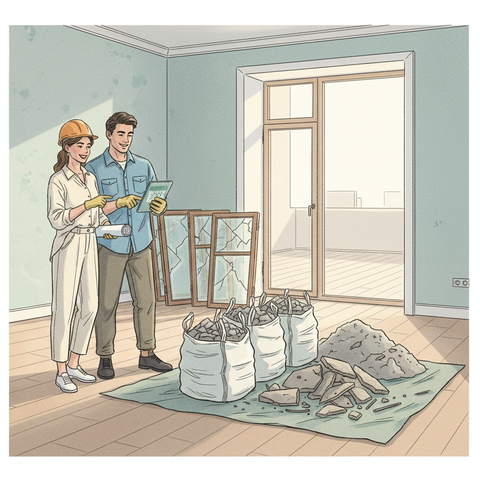 Мешки со строительным мусором, бетонные обломки и демонтированные оконные рамы, подготовленные к вывозу и правильной утилизации после капитального ремонта квартиры согласно правилам 2026 года.