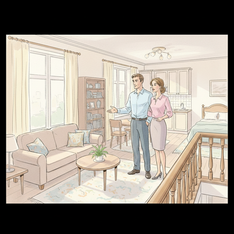 Покупатели осматривают уютную готовую квартиру на вторичном рынке недвижимости, оценивая планировку и состояние жилья перед покупкой и быстрым переездом.