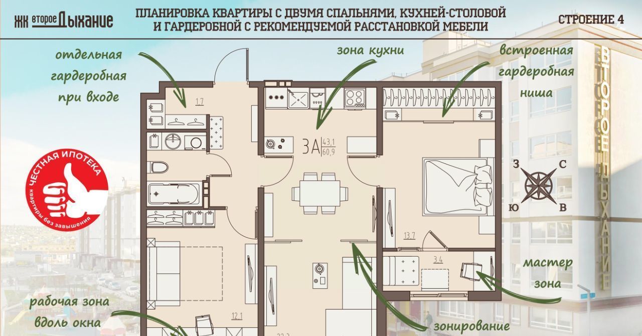 квартира р-н Пензенский с Засечное ЖК «Второе дыхание» Засечный сельсовет фото 1