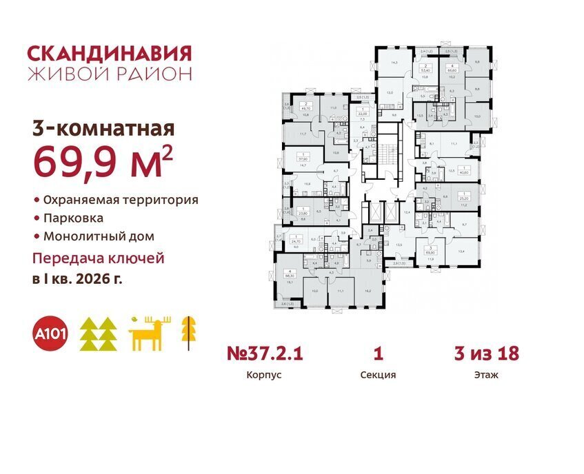 квартира г Москва п Сосенское ЖК Скандинавия 2/2 метро Бунинская аллея 37. фото 2