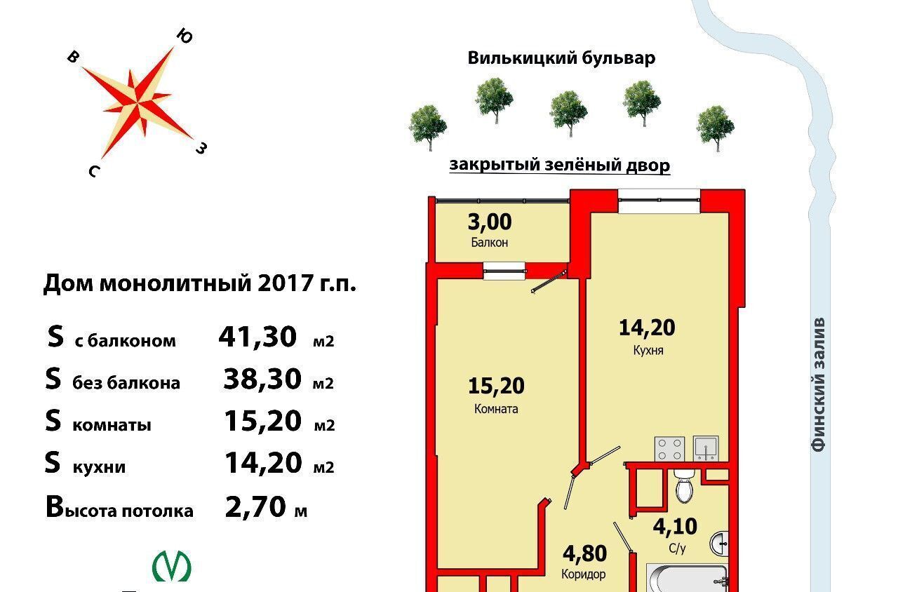 квартира г Санкт-Петербург метро Приморская б-р Вилькицкий 6 ЖК «Светлый мир Я-Романтик...» Морской округ фото 34