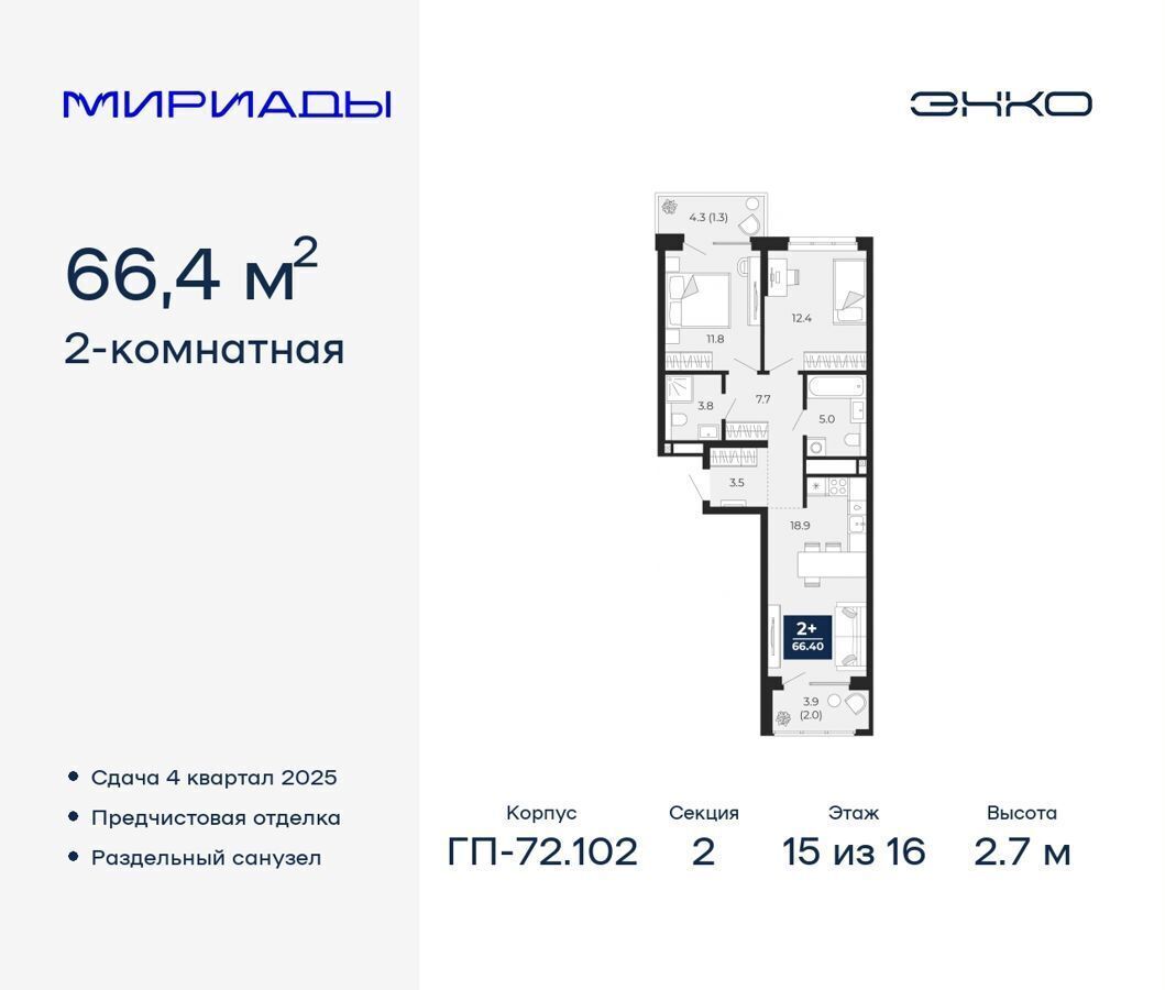 квартира г Тюмень р-н Ленинский ЖК «Мириады» Ленинский административный округ фото 1