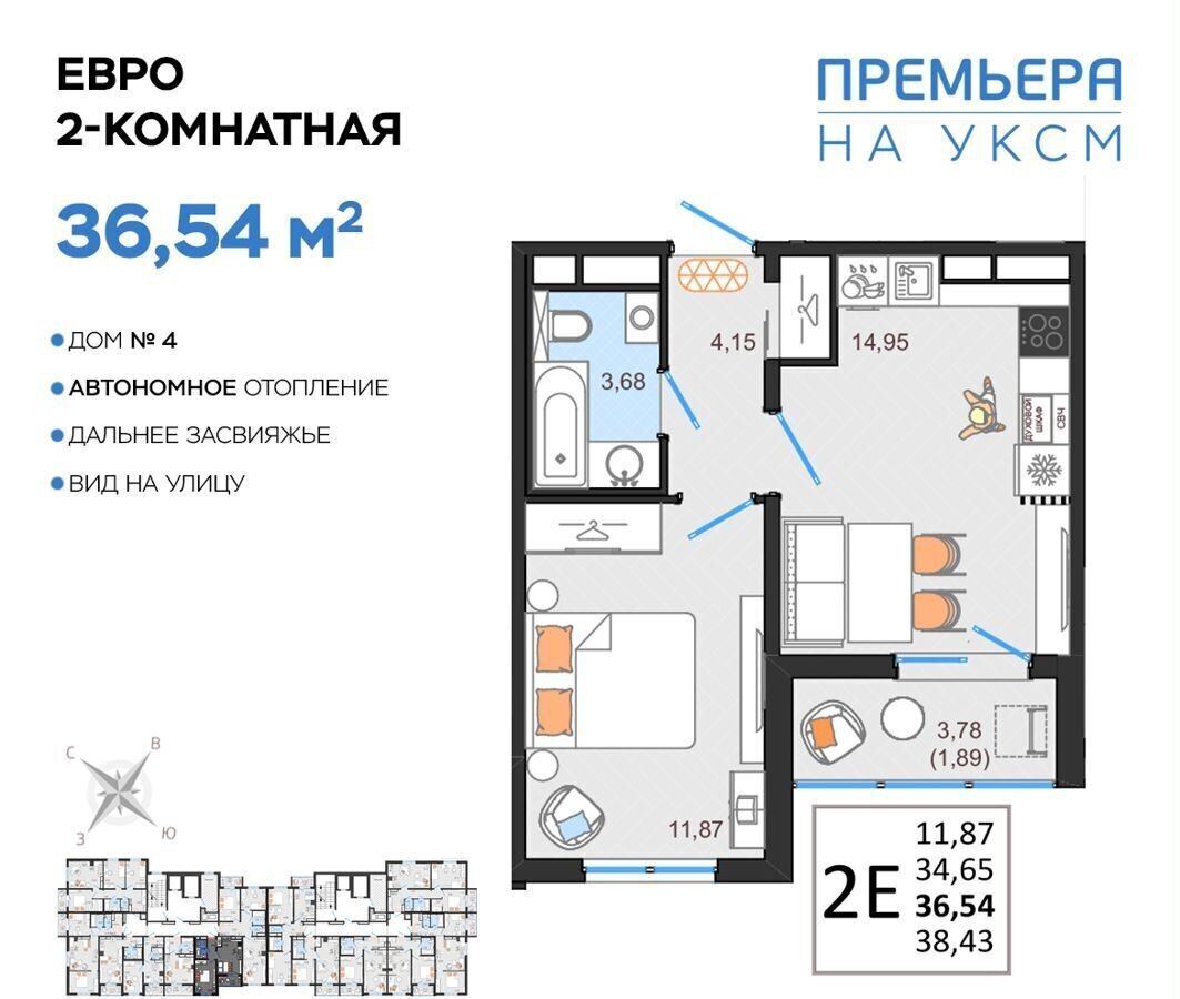 Продам двухкомнатную новостройку в «Премьера на УКСМ» жилом комплексе в  Засвияжском районе в поселке УКСМЕ в городе Ульяновске 36.0 м² этаж 2/14  3189942 руб база Олан ру объявление 123431690