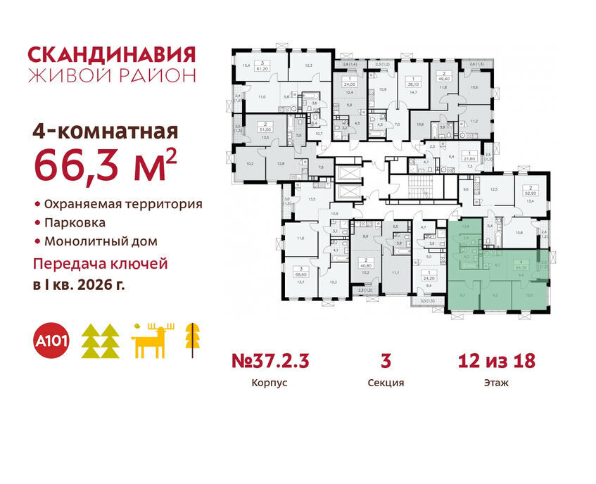 квартира г Москва метро Коммунарка ТиНАО жилой комплекс Скандинавия, 37. 2.2 фото 2