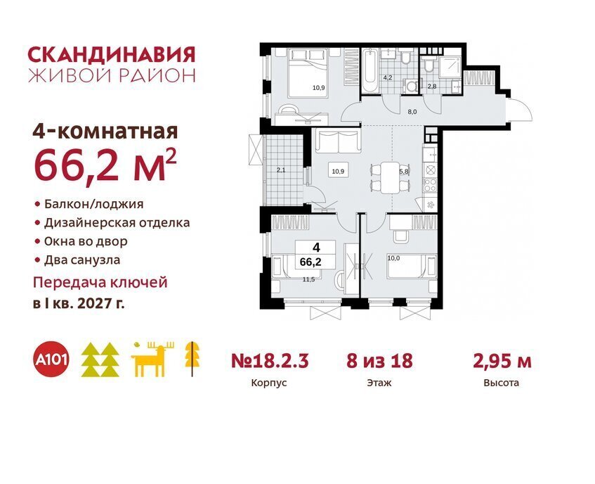 квартира г Москва п Сосенское жилой район «Скандинавия» метро Коммунарка ТиНАО жилой комплекс Скандинавия, 18. 2.2 фото 1