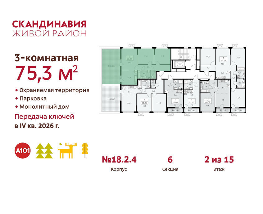 квартира г Москва п Сосенское жилой район «Скандинавия» метро Коммунарка ТиНАО жилой комплекс Скандинавия, 18. 2.2 фото 2