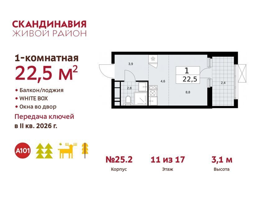 квартира г Москва п Сосенское жилой район «Скандинавия» метро Коммунарка ТиНАО жилой комплекс Скандинавия, 25. 2 фото 1