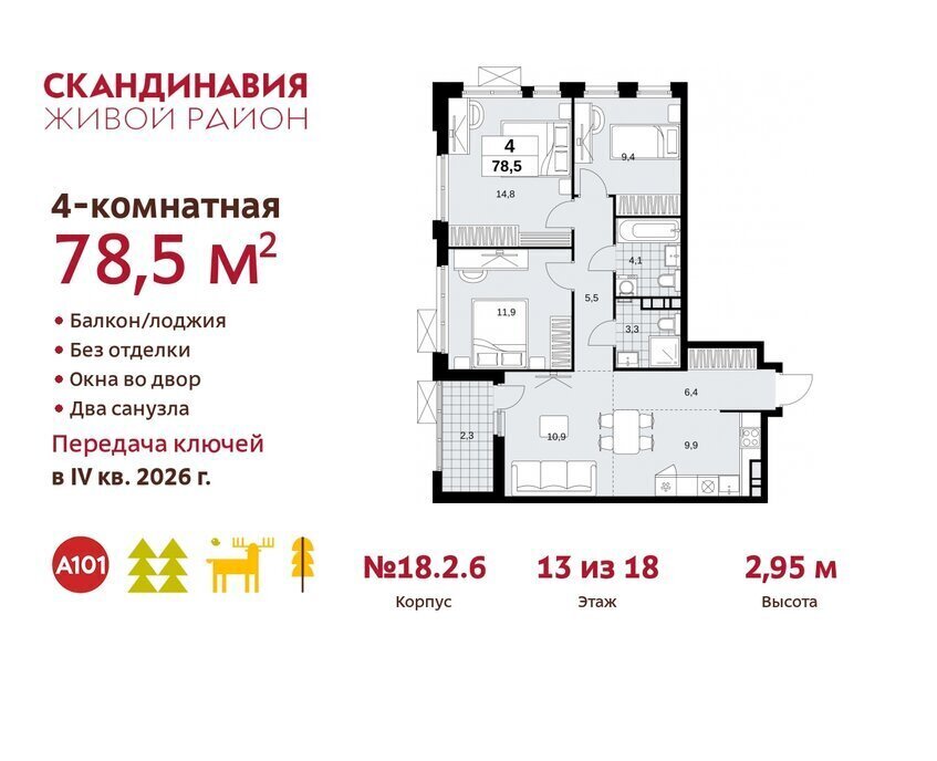 квартира г Москва метро Коммунарка ТиНАО жилой комплекс Скандинавия, 18. 2.2 фото 1