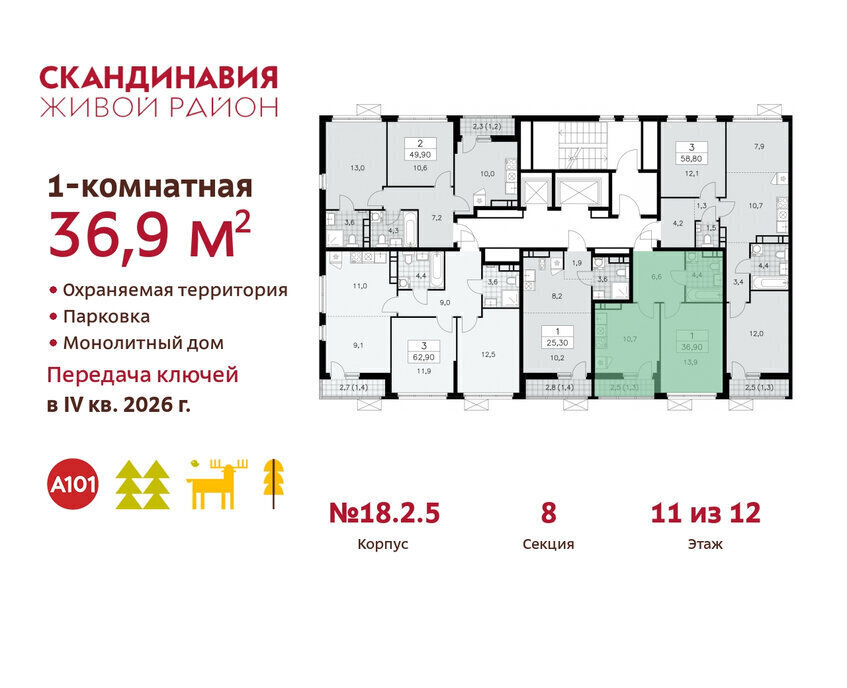 квартира г Москва метро Коммунарка ТиНАО жилой комплекс Скандинавия, 18. 2.2 фото 2