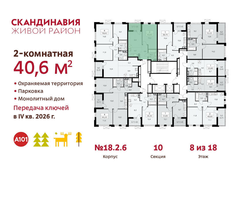 квартира г Москва метро Коммунарка ТиНАО жилой комплекс Скандинавия, 18. 2.2 фото 2