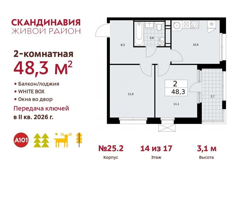 квартира г Москва метро Коммунарка ТиНАО жилой комплекс Скандинавия, 25. 2 фото 1