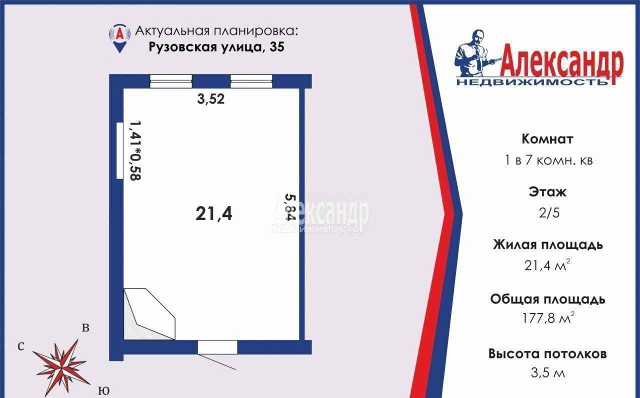 Продам комнату на улице Рузовской 35 рядом с метро Пушкинская в городе  Санкт-Петербурге округ Семёновский 21.0 м² этаж 2/5 2650000 руб база Олан  ру объявление 124414313