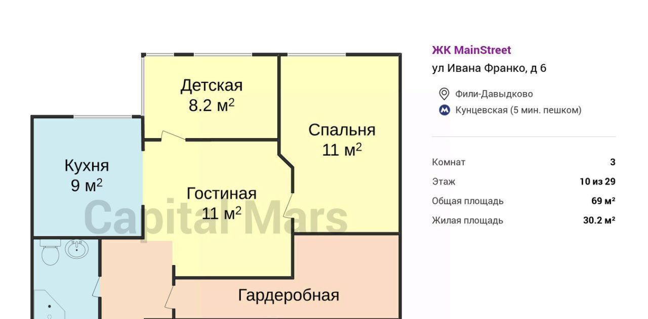 квартира г Москва метро Кунцевская ул Ивана Франко 6 ЖК MAINSTREET муниципальный округ Фили-Давыдково фото 3