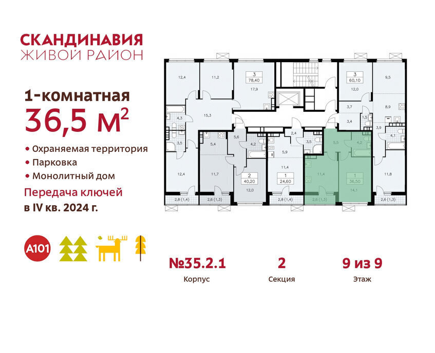 квартира г Москва п Сосенское жилой район «Скандинавия» метро Коммунарка ТиНАО жилой комплекс Скандинавия, к 35. 1.2 фото 2