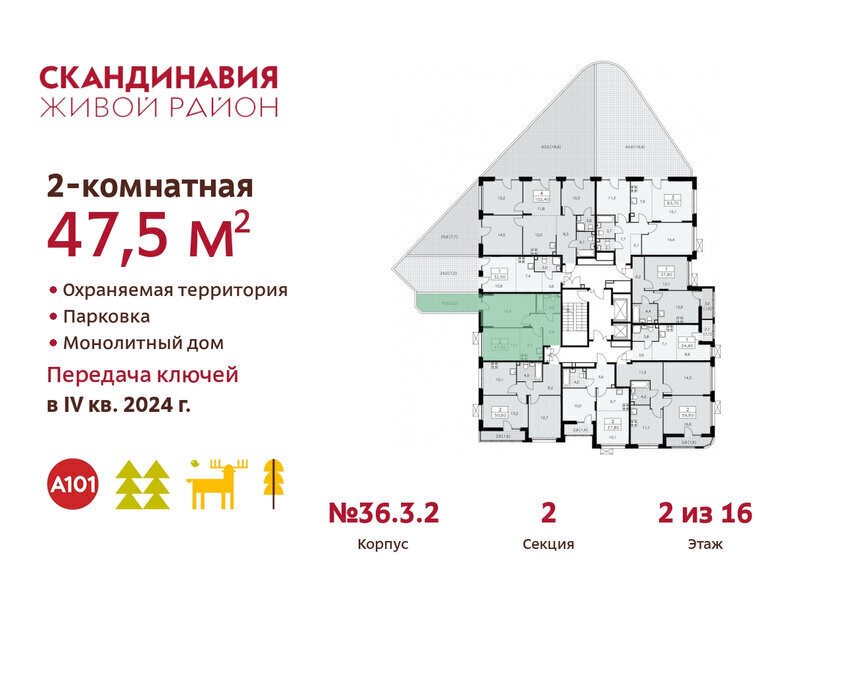 квартира г Москва п Сосенское жилой район «Скандинавия» метро Коммунарка ТиНАО жилой комплекс Скандинавия, 36. 3.2 фото 2