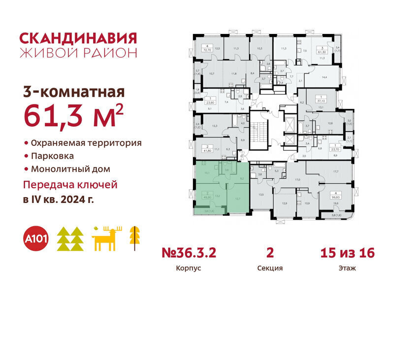 квартира г Москва п Сосенское жилой район «Скандинавия» метро Коммунарка ТиНАО жилой комплекс Скандинавия, 36. 3.2 фото 2