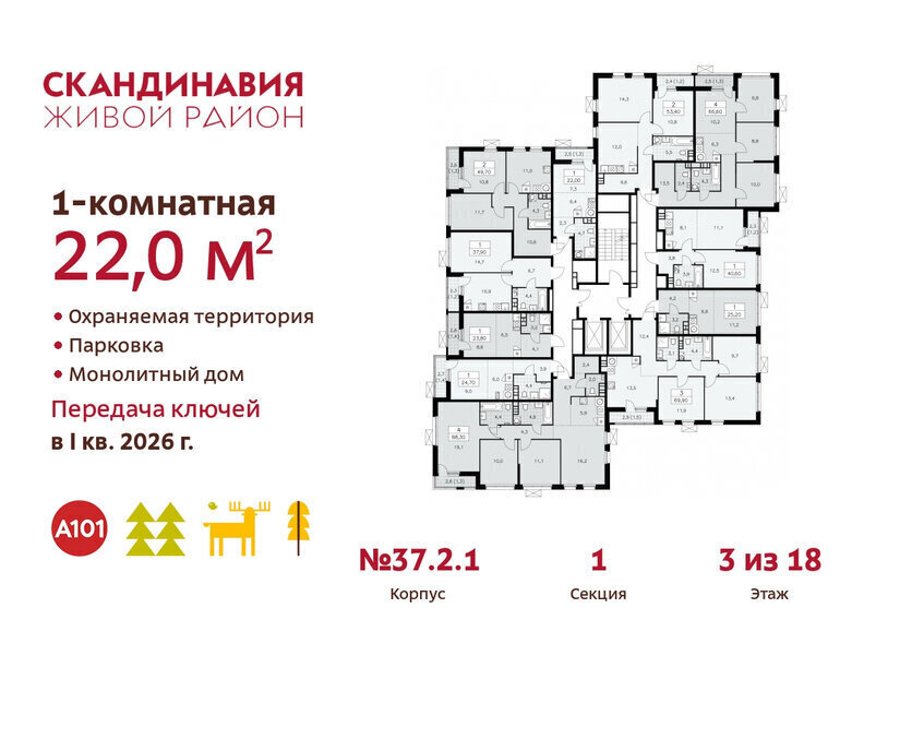 квартира г Москва метро Коммунарка метро Бунинская аллея ТиНАО жилой комплекс Скандинавия, 37. 2.2 фото 2