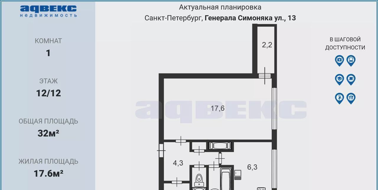 квартира г Санкт-Петербург метро Проспект Ветеранов ул Генерала Симоняка 13 округ Ульянка фото 2