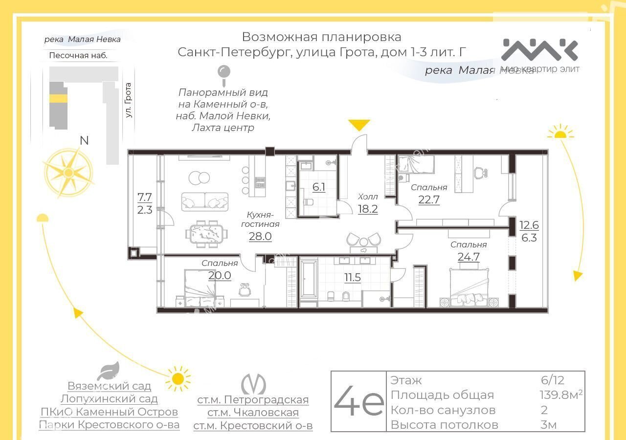 квартира г Санкт-Петербург метро Чкаловская ул Грота 1/3г округ Чкаловское фото 20