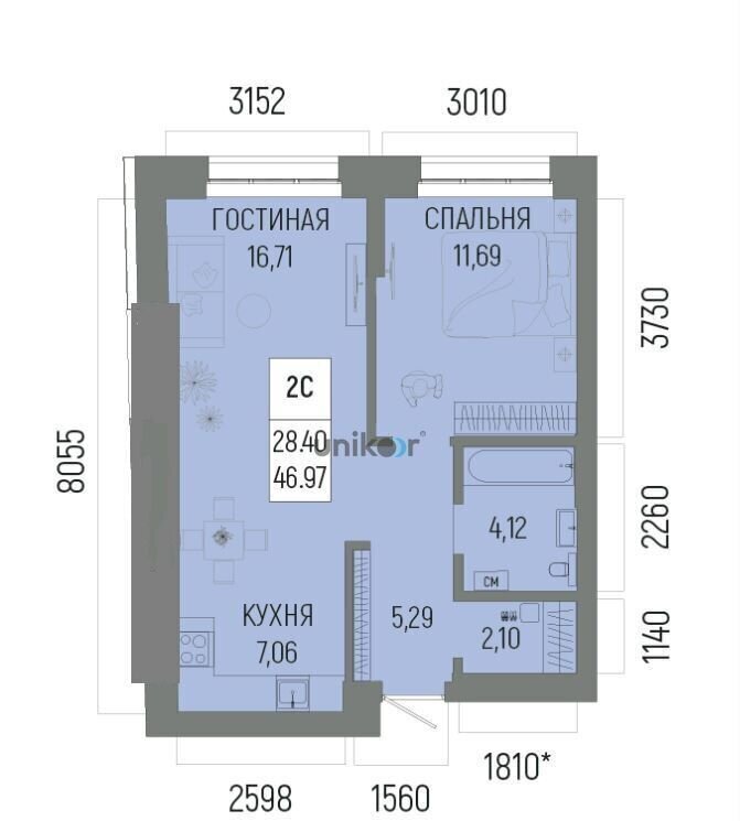 квартира г Уфа р-н Октябрьский ул Рудольфа Нуреева 7 ЖК «Новатор» фото 12