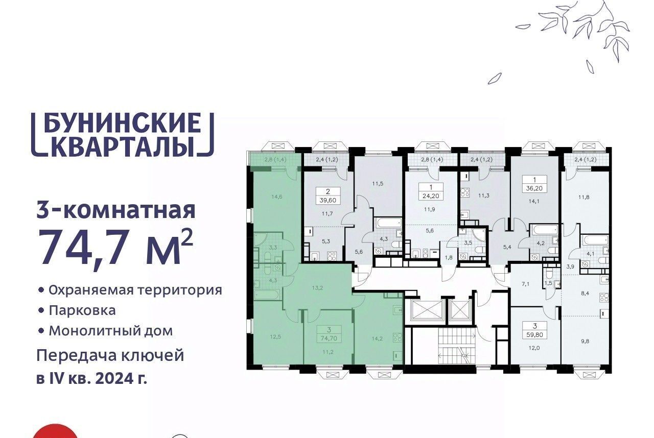 квартира г Москва п Сосенское ЖК Бунинские Кварталы метро Коммунарка к 1. 2 фото 2