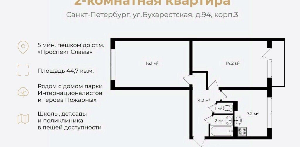 квартира г Санкт-Петербург метро Проспект Славы ул Бухарестская 94к/3 фото 28