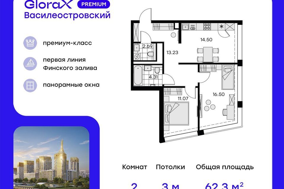 квартира г Санкт-Петербург ЖК «GloraX Premium Василеостровский» Василеостровский фото 1