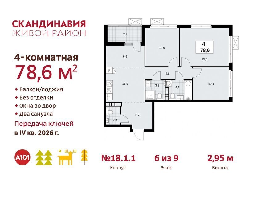 квартира г Москва метро Коммунарка метро Бульвар Адмирала Ушакова ТиНАО жилой комплекс Скандинавия, 18. 2.1 фото 1