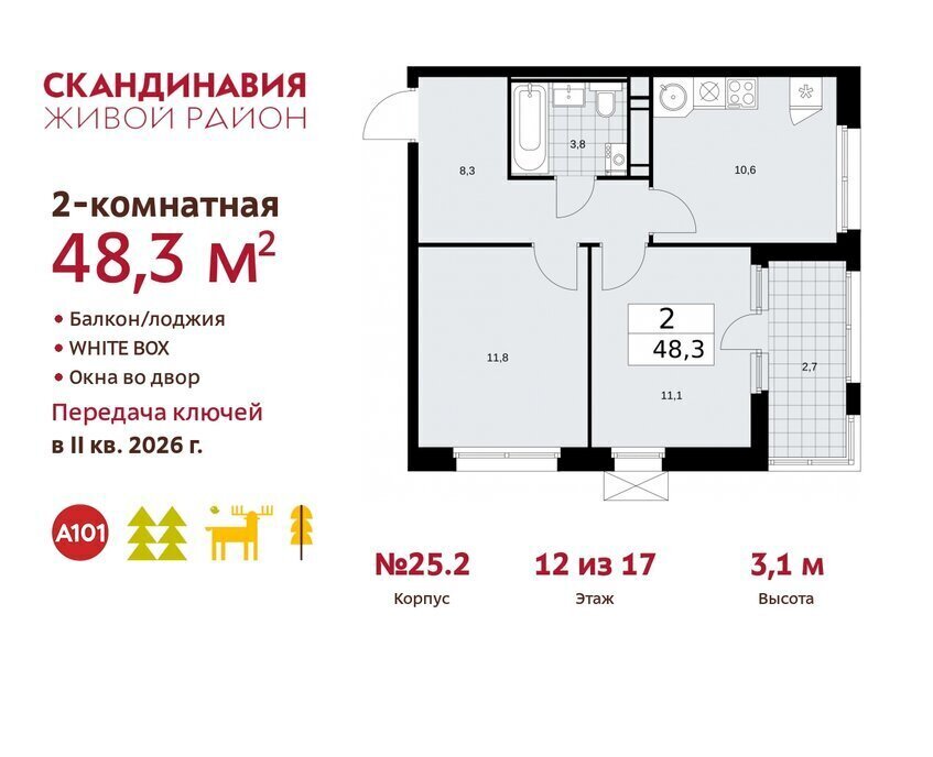 квартира г Москва метро Коммунарка ТиНАО жилой комплекс Скандинавия, 25. 2 фото 1