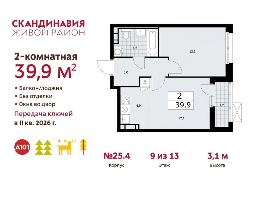 квартира г Москва метро Коммунарка ТиНАО жилой комплекс Скандинавия, 25. 4 фото 1