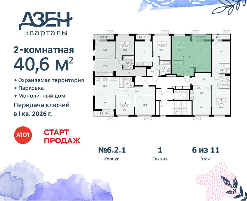 квартира г Москва метро Коммунарка ТиНАО ЖР «Дзен-кварталы» 2/1 6. фото 2