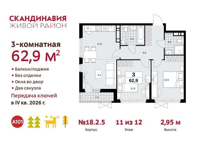 квартира г Москва метро Коммунарка метро Бунинская аллея ТиНАО жилой комплекс Скандинавия, 18. 2.2 фото 1