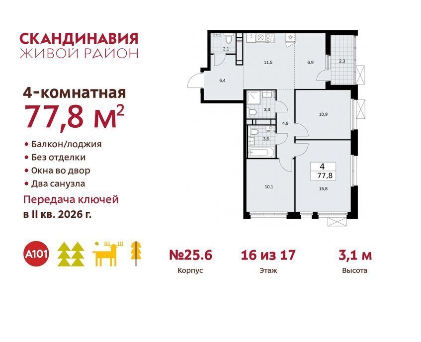 квартира г Москва метро Коммунарка ТиНАО жилой комплекс Скандинавия, 25. 6 фото 1