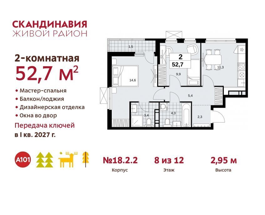 квартира г Москва метро Коммунарка метро Бунинская аллея ТиНАО жилой комплекс Скандинавия, 18. 2.2 фото 1