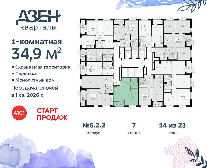 квартира г Москва метро Коммунарка ТиНАО ЖР «Дзен-кварталы» 2/1 6. фото 2