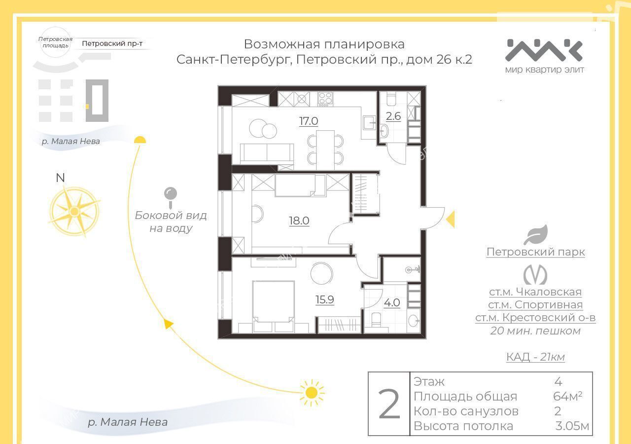 квартира г Санкт-Петербург метро Крестовский Остров пр-кт Петровский 26к/2 ЖК The One округ Петровский фото 3