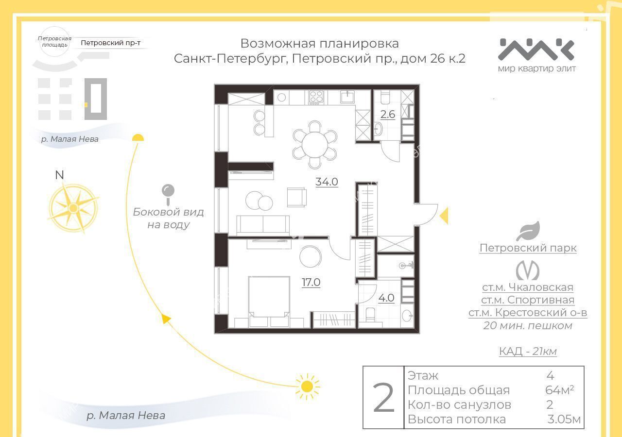 квартира г Санкт-Петербург метро Крестовский Остров пр-кт Петровский 26к/2 ЖК The One округ Петровский фото 4