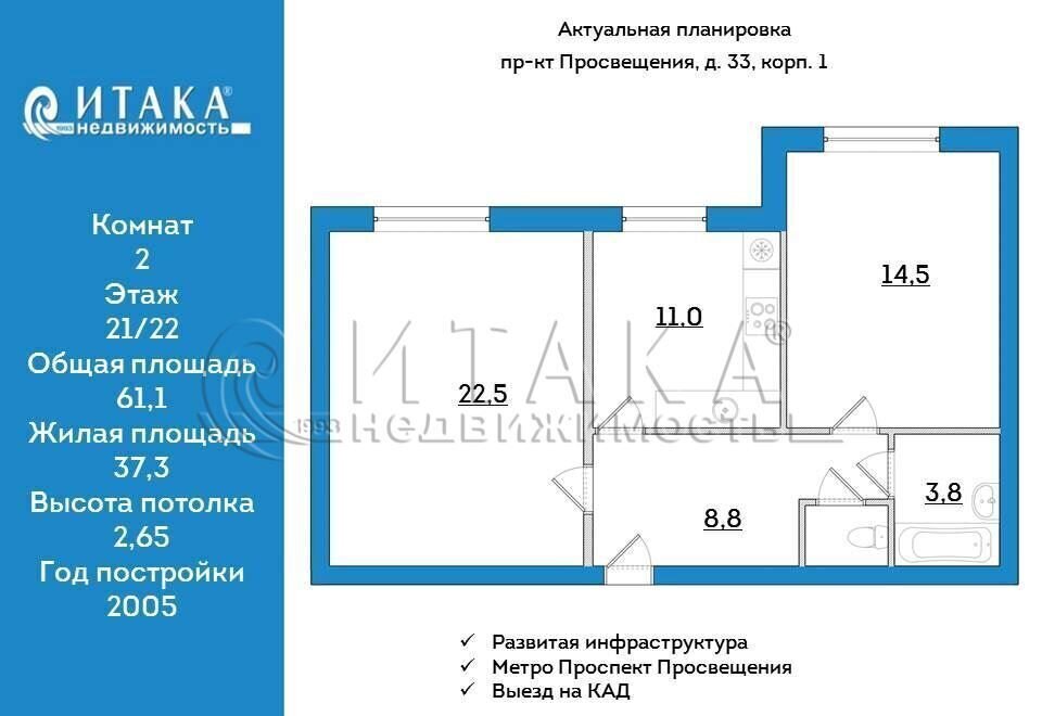 квартира г Санкт-Петербург метро Проспект Просвещения пр-кт Просвещения 33к/1 округ Сергиевское фото 18