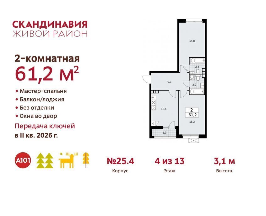 квартира г Москва метро Коммунарка ТиНАО жилой комплекс Скандинавия, 25. 4 фото 1