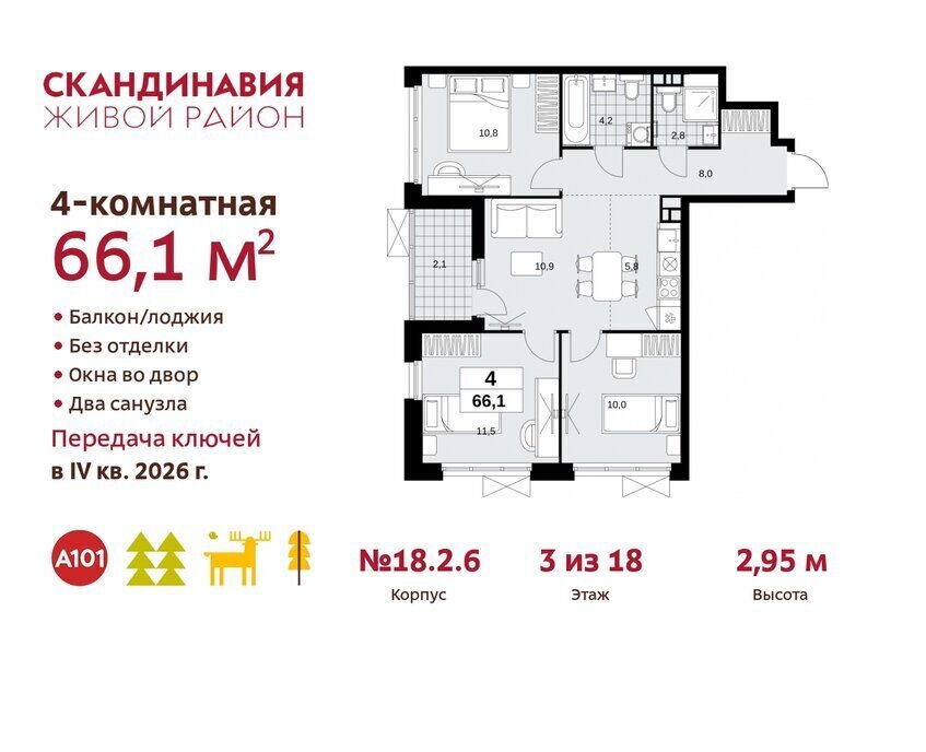 квартира г Москва метро Коммунарка метро Бунинская аллея ТиНАО жилой комплекс Скандинавия, 18. 2.2 фото 1