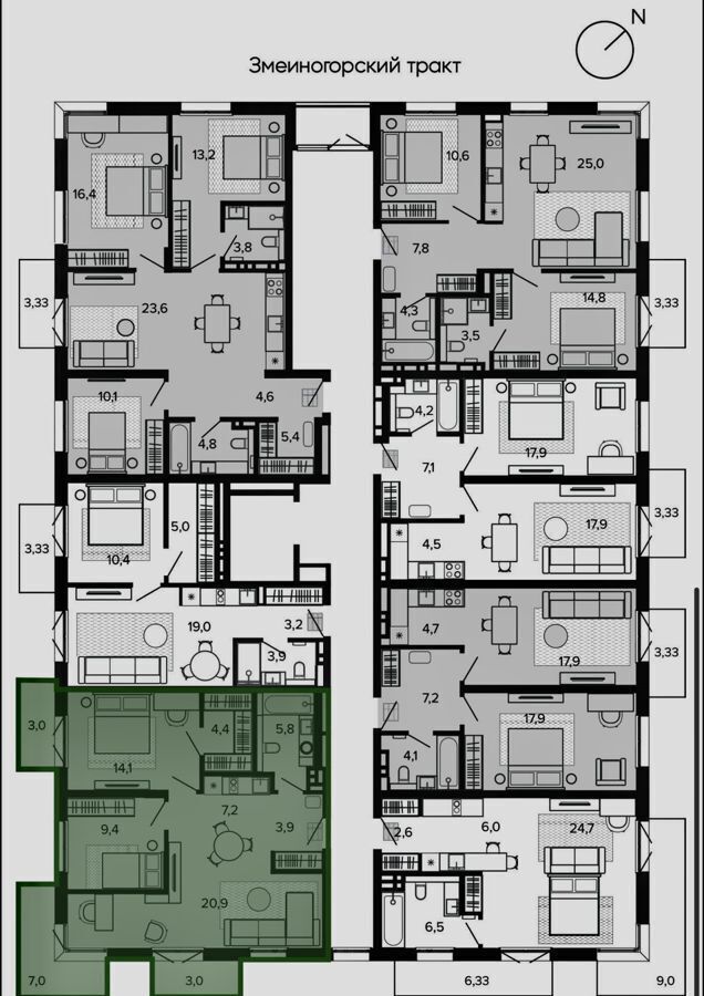 квартира г Барнаул р-н Центральный тракт Змеиногорский 35б корп. 1 фото 3