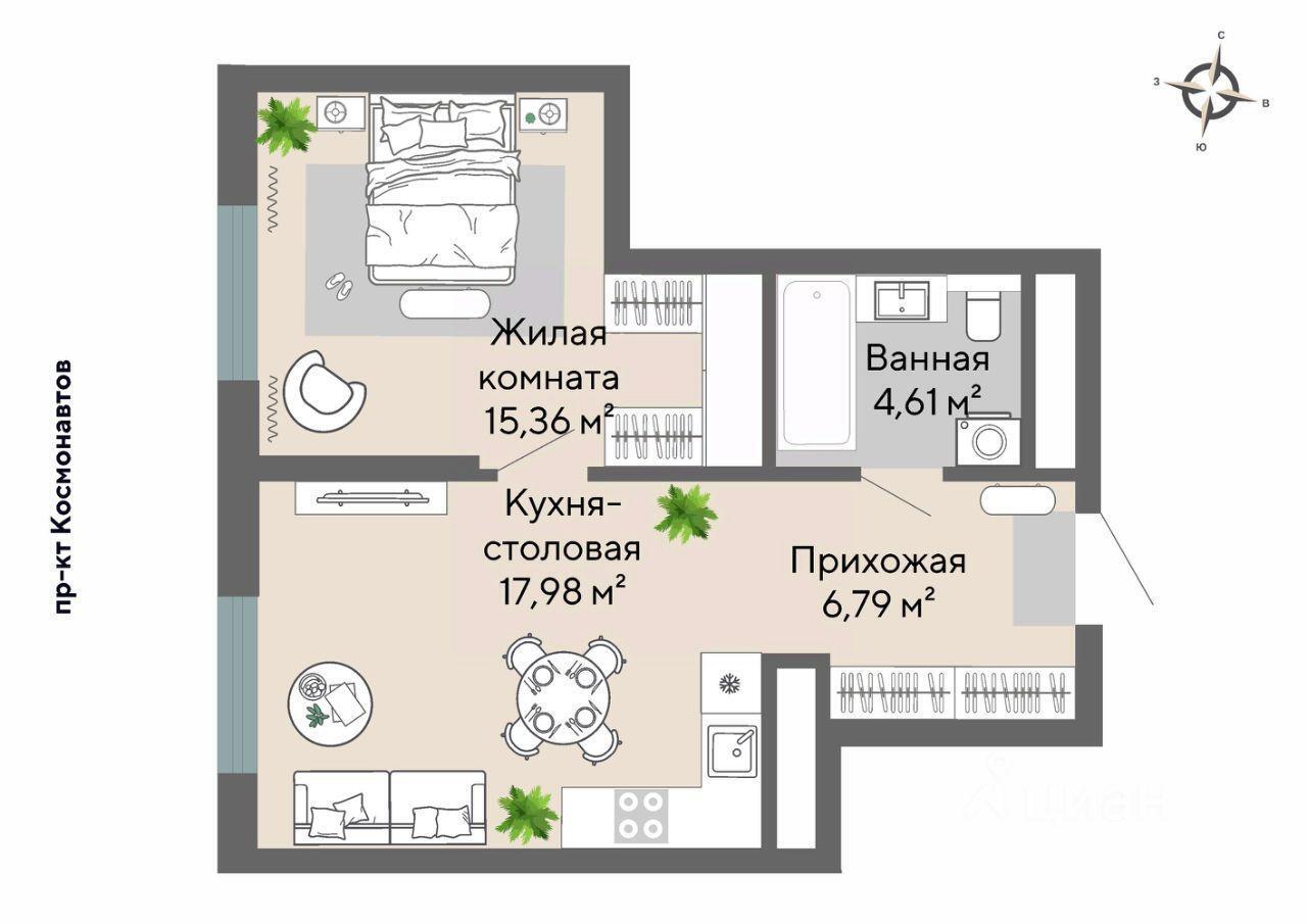 квартира г Екатеринбург р-н Орджоникидзевский пр-кт Космонавтов 100 ЖК Настоящий фото 2