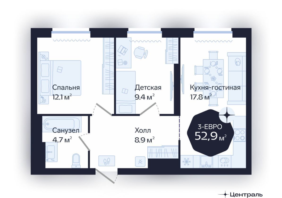 квартира г Тюмень р-н Центральный ул Новгородская 22 ЖК «Да. Квартал Централь» Центральный административный округ фото 1