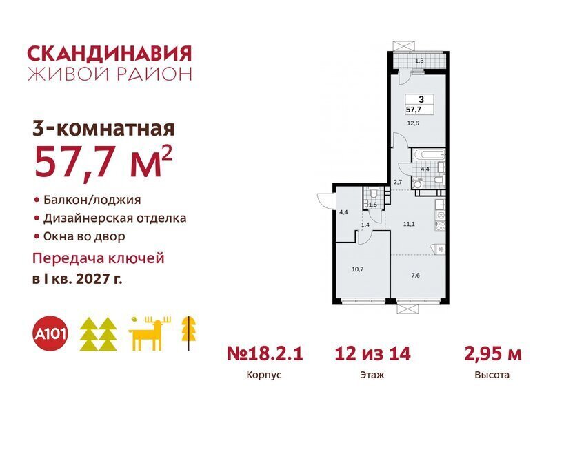 квартира г Москва метро Коммунарка метро Бунинская аллея ТиНАО жилой комплекс Скандинавия, 18. 2.2 фото 1