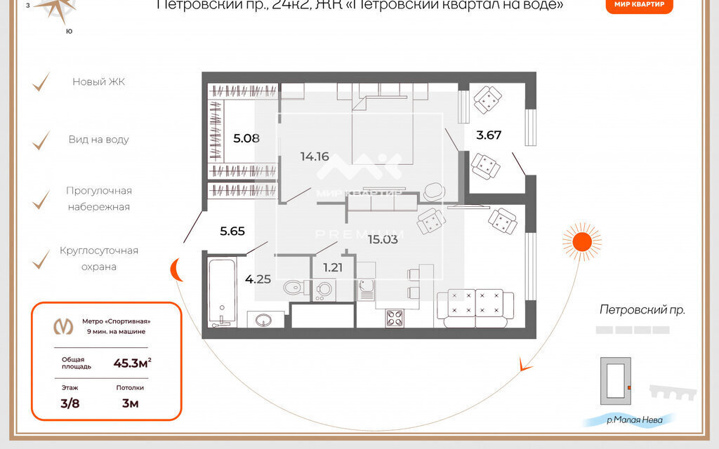 квартира г Санкт-Петербург метро Крестовский Остров пр-кт Петровский 24к/2 ЖК «Петровский Квартал на воде» округ Петровский фото 28