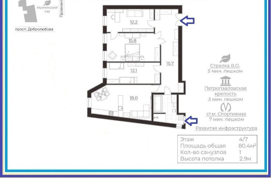 квартира г Санкт-Петербург метро Спортивная пр-кт Добролюбова 7/2 округ Введенский, Петроградка фото 2