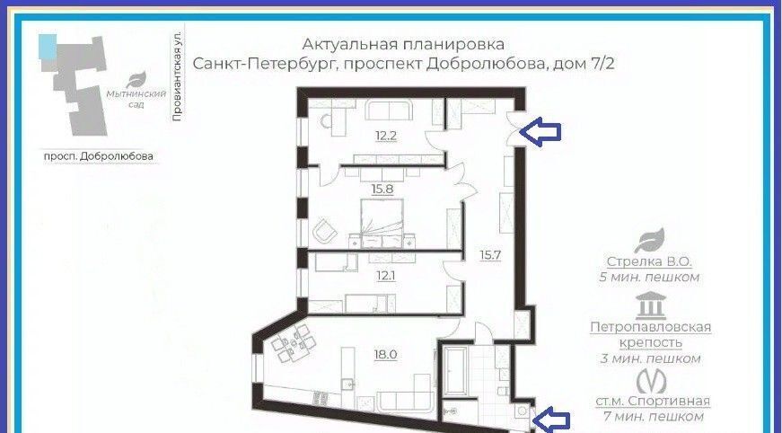 квартира г Санкт-Петербург метро Спортивная пр-кт Добролюбова 7/2 округ Введенский, Петроградка фото 2