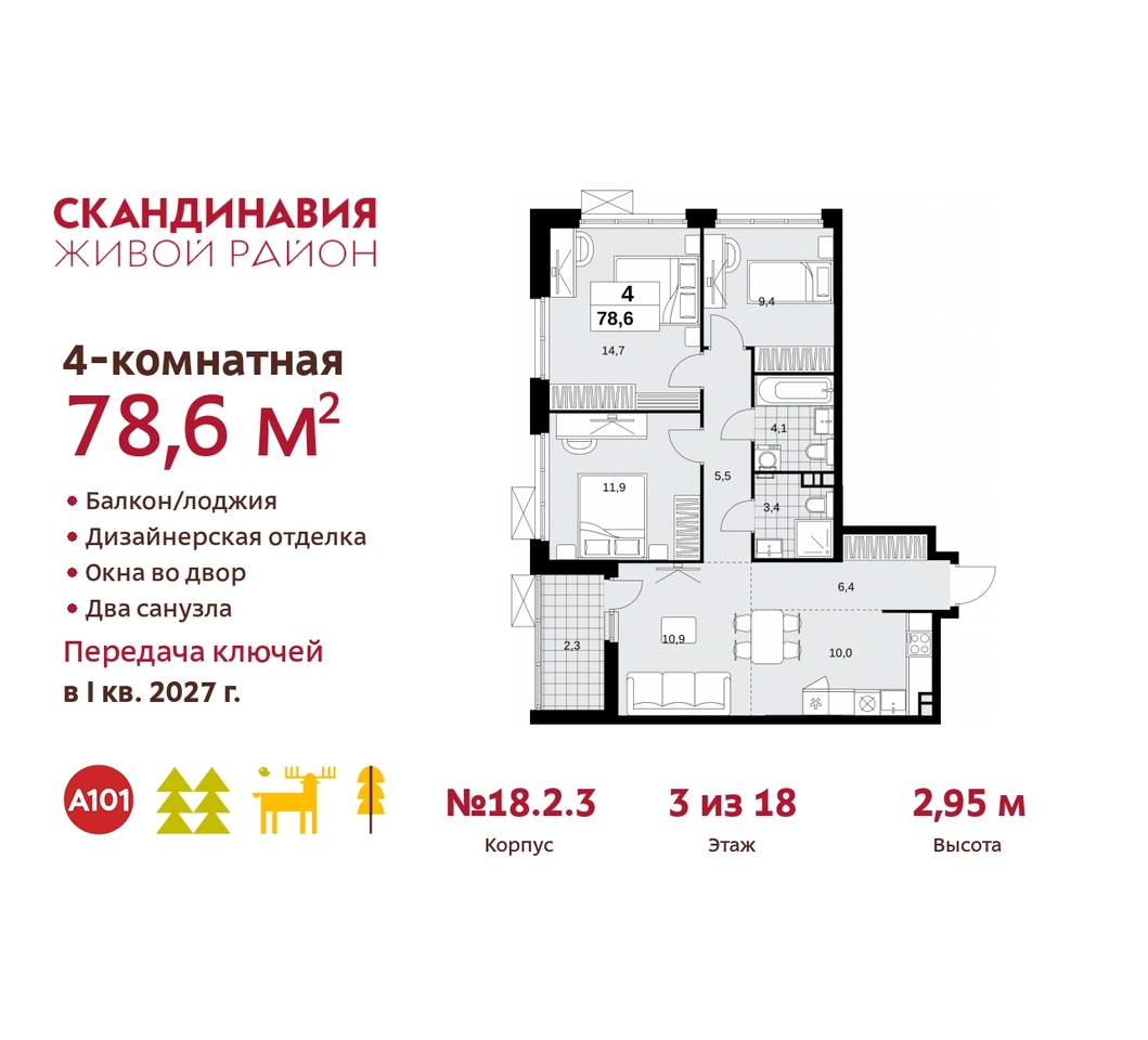 квартира г Москва п Сосенское жилой район «Скандинавия» Сосенское, жилой комплекс Скандинавия, 18. 2.3, Бутово фото 1