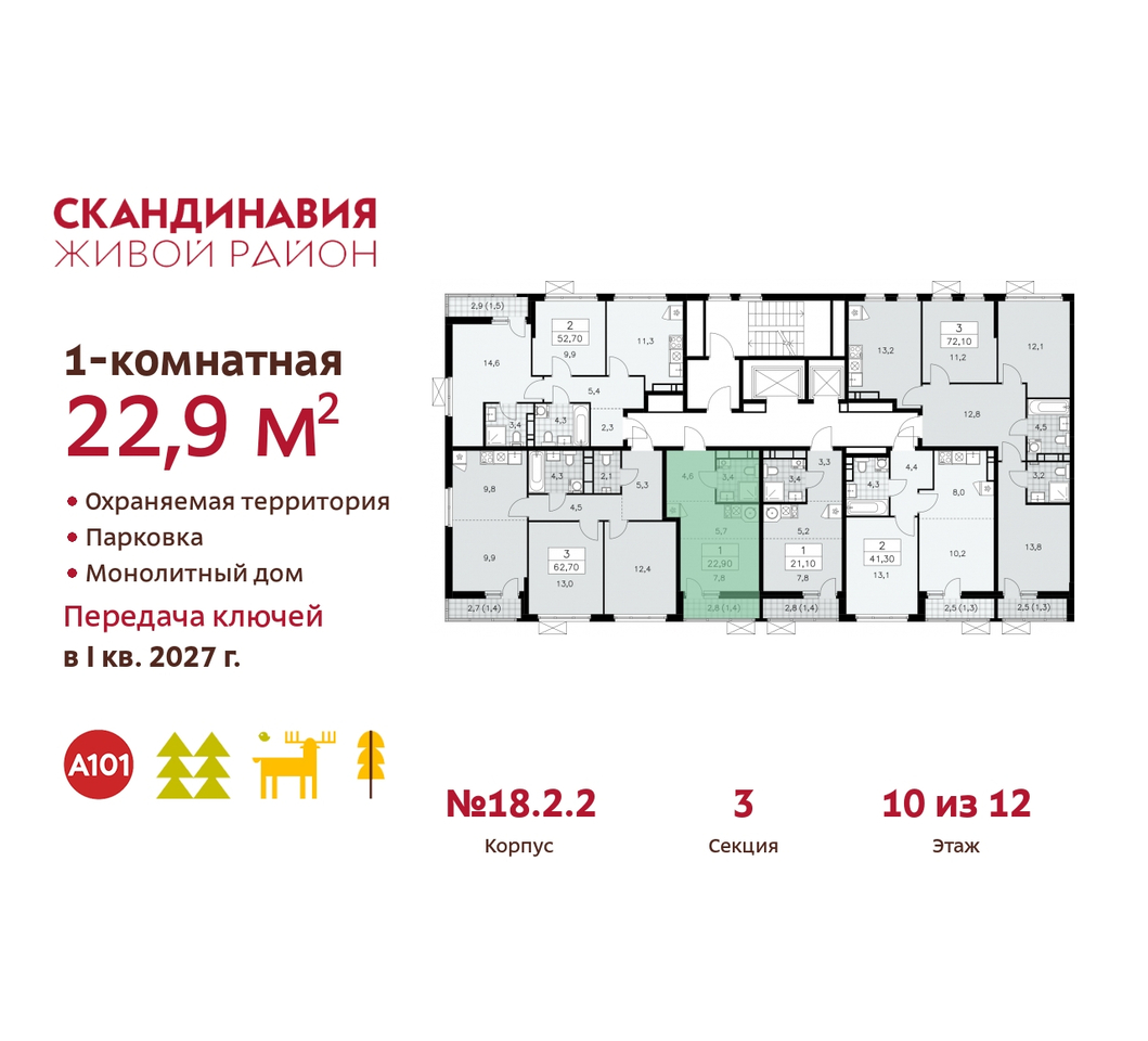 квартира г Москва п Сосенское жилой район «Скандинавия» Сосенское, жилой комплекс Скандинавия, 18. 2.2, Бутово фото 2